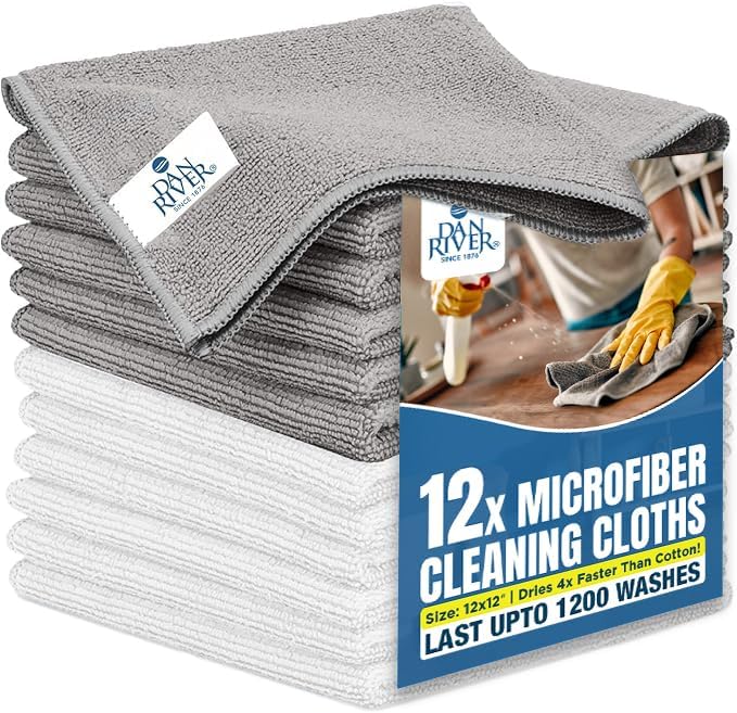 DAN RIVER 12-Pack Microfiber Towels ā Ultra Absorbent, Lint-Free & Streak-Free Cleaning Cloths for Home, Car & Kitchen -