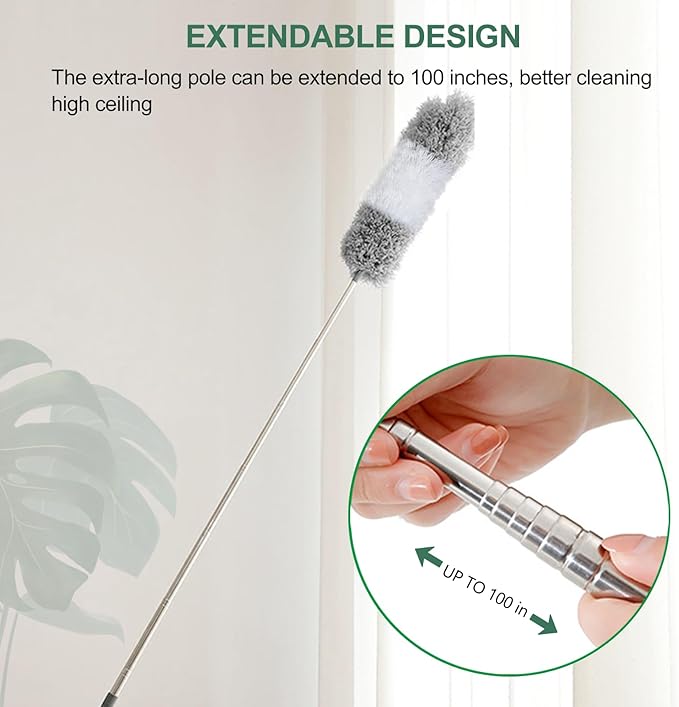 SetSail Extra-Long Dusters with Extension Pole 100-inch for Cleaning Bendable Microfiber Head Washable Ceiling Fan Cleaner Duster for Corner