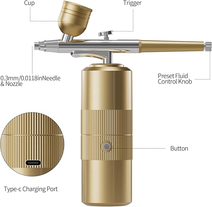 Airbrush Kit with Compressor Portable Airbrush Kit 48PSI High-Pressure Non-Clogging Air Brush Set Cordless Rechargeable with 0.3mm Nozzle and Cleaning Brush for Painting,Nail Art, Makeup (Gold)