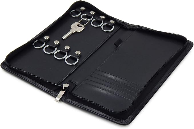 OFFIDIX PU Leather Portable Key Cabinet,8-Key Hooks Portable Zippered Key Case Menus Card Organizer Holder Business Padf