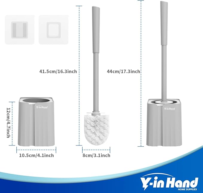 Y-in Hand Toilet Brush, Toilet Bowl Cleaners Brush with Hidden Holder, Long Handle, Durable PP Bristles, Modern RV Bathroom Accessories, Deep Cleaning, Wall mountable. - Grey