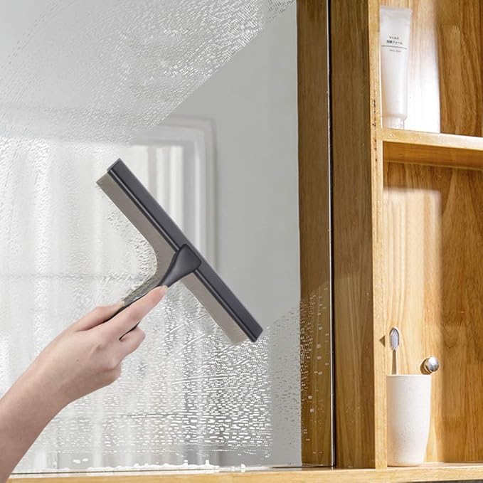 HIWARE All-Purpose Shower Squeegee for Shower Doors, Bathroom, Window and Car Glass - Black, Stainless Steel, 12 Inches