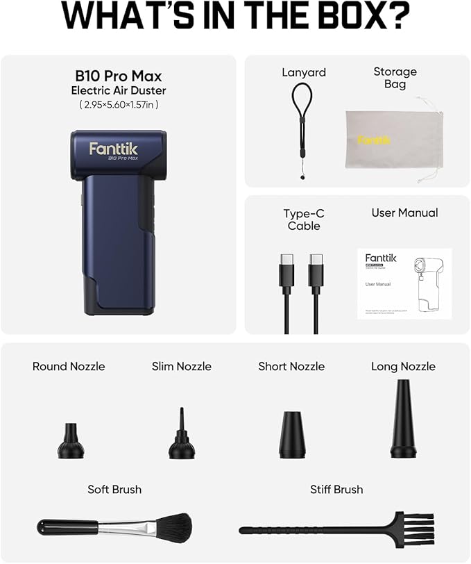 Fanttik B10 Pro Max Electric Air Duster, 130000RPM Brushless Motor, Compressed Air Duster, 6 Gears Adjustable, One-tap Booster, 28.8Wh Rechargeable Battery, Electric Duster for PC, Car (Navy Blue)