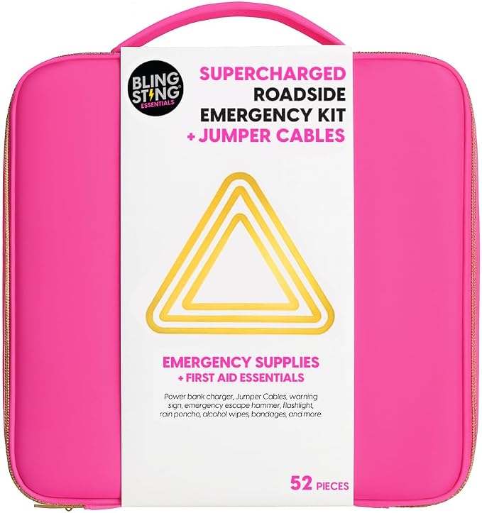 Supercharged Car Emergency Kit – 52-Piece Pink Roadside Safety Tools with Jumper Cables, Flashlight, Escape Tool & First