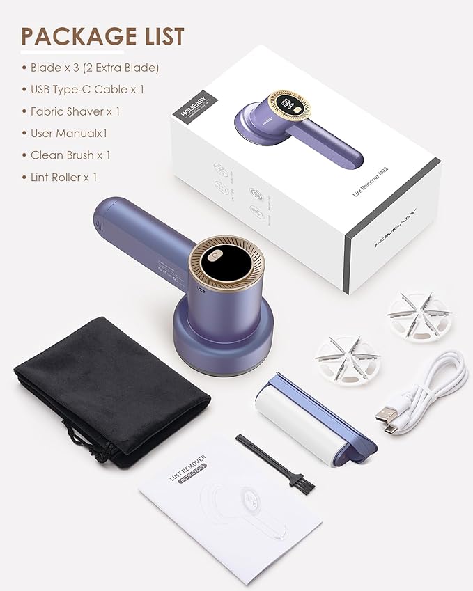 Fabric Shaver Fuzz Remover Rechargeable, HOMEASY Electric Lint Remover Shaver with 3 Blades & LED Digital Display, Sweater Couch Fabric Pill Shaver for Sweater, Couch, Furniture (Purple)