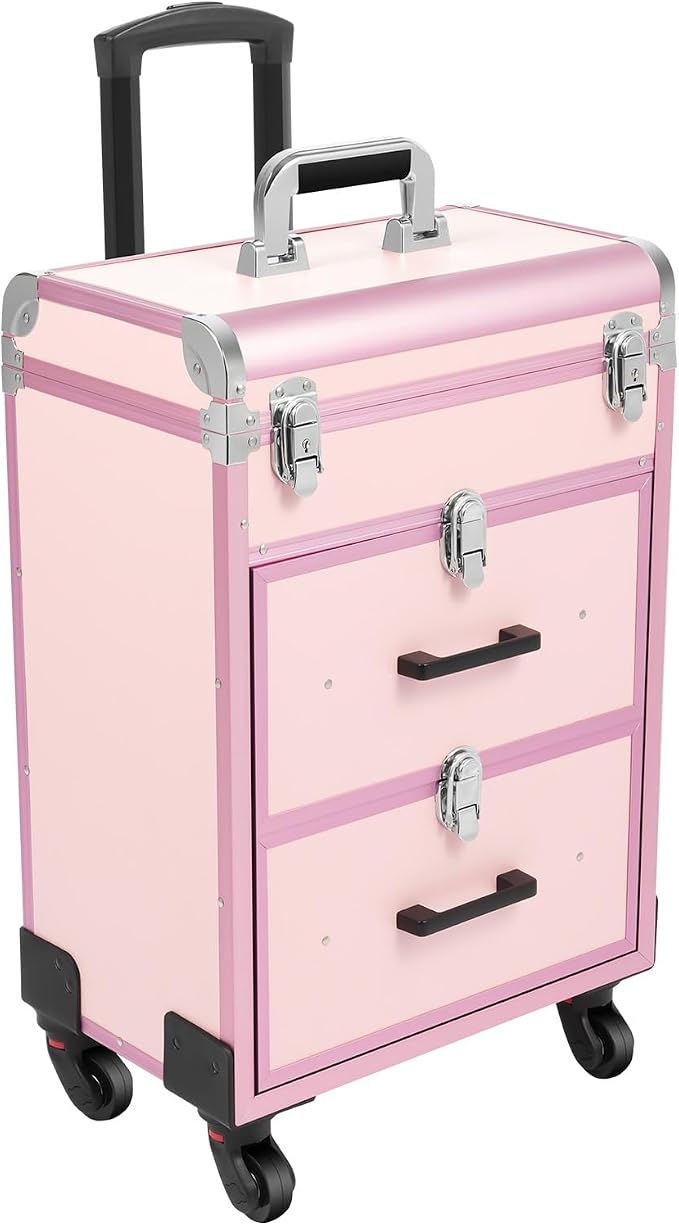 Rolling Makeup Case with Drawer, Large Cosmetic Trolley with Lock, Professional Rolling Cosmetic Train Case with Wheel T