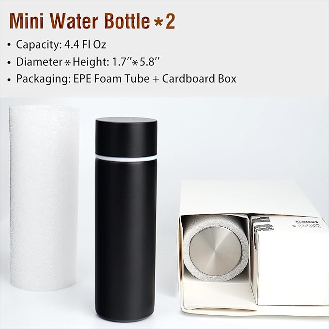 Cute Small Water Bottle, 4.4 Fl. Oz, Pack of 2, Mini Slim Flask for Kids, Portable Skinny Purse Water Bottle, Vacuum Insulated Reusable Leak Proof Stainless Steel Cup