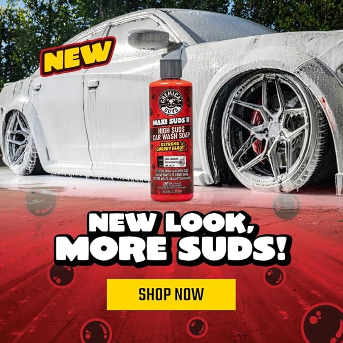 Chemical Guys Maxi Suds II Foaming Car Wash Soap – High Foam Car Wash Soap, Cherry Scent Shampoo and Gloss Booster for Foam Cannons, Guns or Buckets – Gentle, Safe for Trucks, SUVs, and RVs, 64 oz