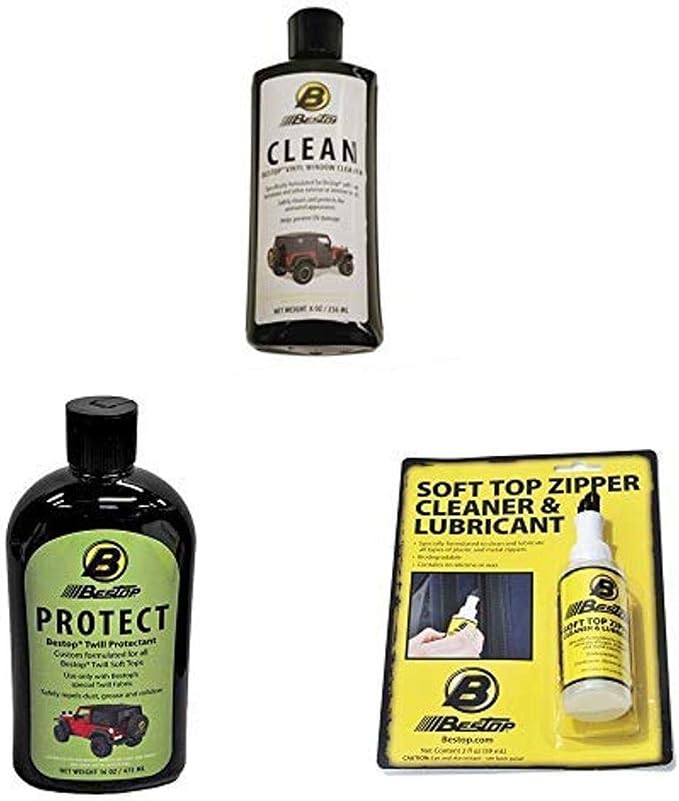 Bestop 11213-00 Vinyl Window Cleaner, 8 oz single bottle - boxed, Black Twill Fabric Cleaner with Zipper Cleaner and Lub