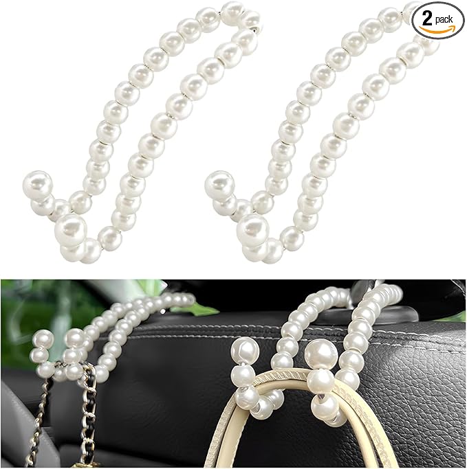 DXNQ 2 PCS Elegant Pearl Car Seat Headrest Hook, Cute Car Seat Hook Hanger Storage Organizer for Handbag Purse, Interior