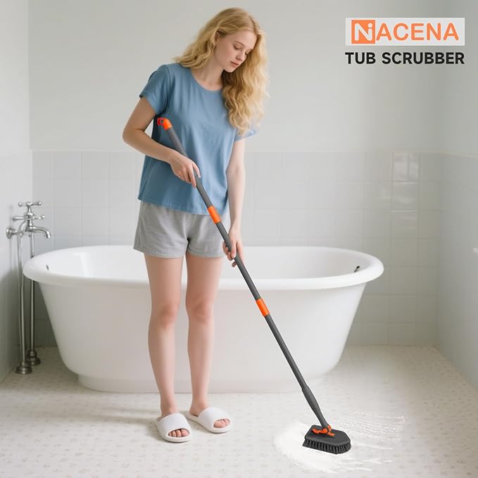 nacena Shower Scrubber with Long Handle, 3 in 1 Tile Tub Scrubber Brush with 3 Detachable Cleaning Heads Adjustable Handle Shower Cleaner Brush for Bathroom, Kitchen, Toilet, Wall, Sink, Grey Orange