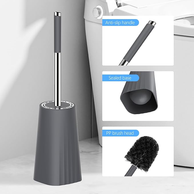 SetSail Toilet Brush, Compact Size Toilet Bowl Brush and Holder Toilet Brushes for Bathroom with Stainless Steel Handle Toilet Cleaner Brush with Durable Scrubbing Bristles, Grey
