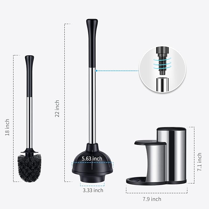 HAMITOR Toilet Plunger and Bowl Brush Set: 2 in 1 Stainless Steel Heavy Duty Toilet Cleaner Plunger with Holder Combo for Bathroom Cleaning - Modern Hideaway Bathroom Accessories with Caddy Stand