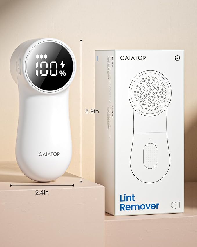 GAIATOP Fabric Shaver Rechargeable Lint Remover 3 Speeds Sweater Defuzzer, Cute Digital Screen Large Storage 6-Leaf Blades, Fuzz Pills Bobbles Trimmer for Clothes Furniture Bedclothes White 1 pcs
