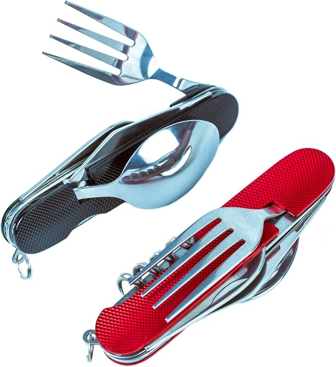 Cluck 6-in-1 Multi-Function Camping Utensil Flatware Set Detachable Spoon Fork Knife Combo Mess Kit with Carrying Pouch