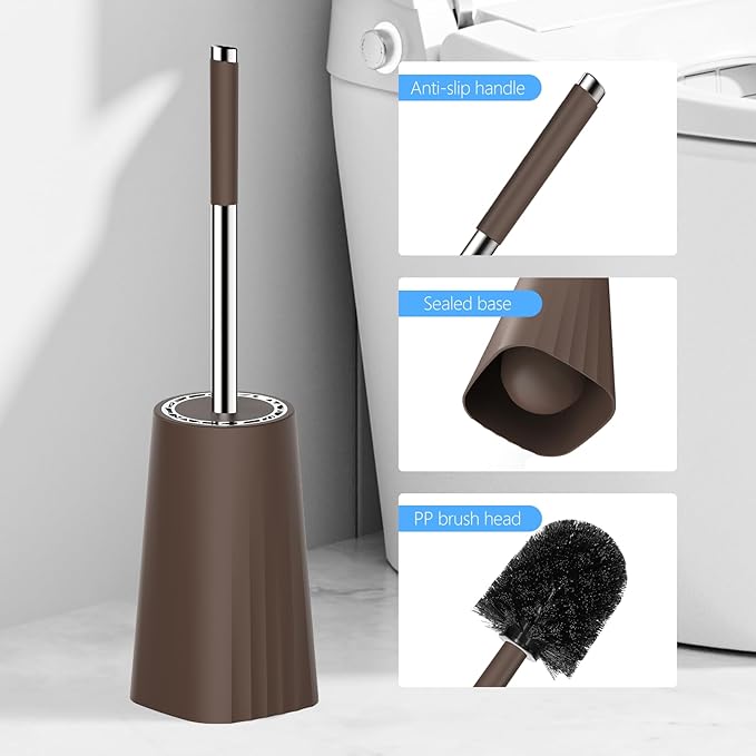 SetSail Toilet Brush, Compact Size Toilet Bowl Brush and Holder Toilet Brushes for Bathroom with Stainless Steel Handle Toilet Cleaner Brush with Durable Scrubbing Bristles, 2 Packs, Brown
