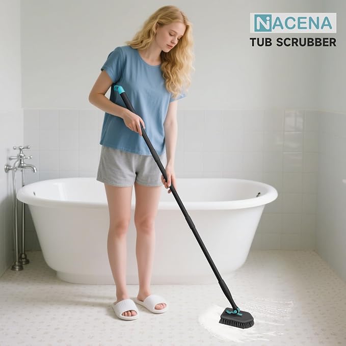 nacena Shower Scrubber with Long Handle, 4 in 1 Tile Tub Scrubber Brush with 3 Detachable Cleaning Heads and V-Shaped Grout Brush Shower Cleaner Brush for Bathroom Kitchen Toilet Tub Sink Wall, Black