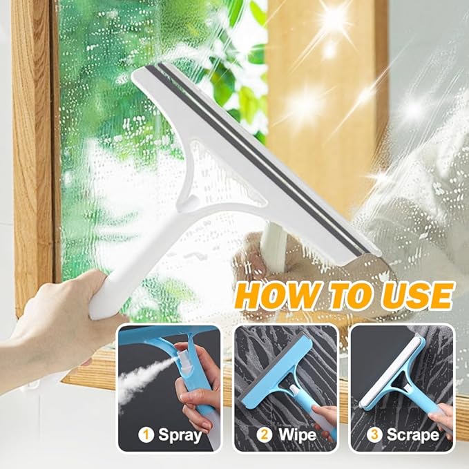 3 in 1 Window Cleaning Scraper, 3 in 1 Squeegee for Window Cleaning, All Purpose Window Cleaner Tool for Windows, All-Purpose Window Cleaner Tools (White+Blue)