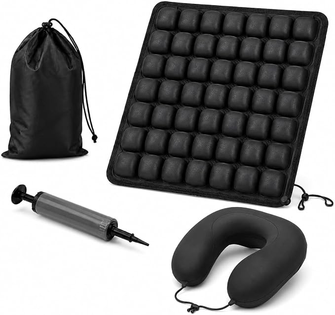 Sondur Travel Cushion Kit – 49 Air Cells Portable Seat Cushion with Neck Pillow & Manual Pump for Long Flights, Car, Off