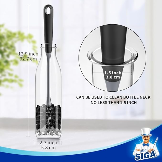 MR.SIGA Long Handle Bottle Brush, Flexible Scrub Brush for Water Bottles, Glasswares, Mugs, Black, 2 Pack