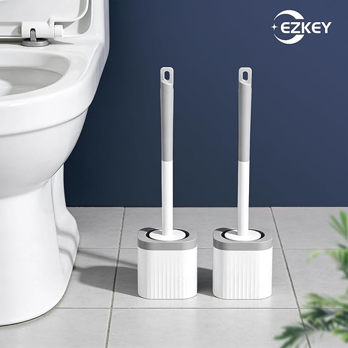 Toilet Brush, 2 Pack Compact Toilet Bowl Brush and Holder Set with Nylon Bristles Toilet Cleaner Brush Hidden Toilet Scrubber Brush for Bathroom Cleaning, Grey & White