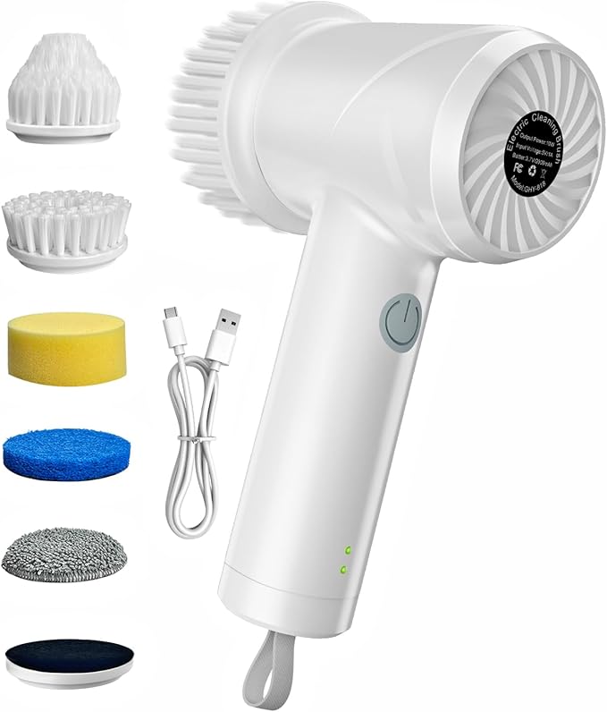 Electric Spin Scrubber - Cordless IPX7 Waterproof Shower Scrubber with 2 Speed Settings and 6 Replaceable Heads,Electric Cleaning Brush for Bathroom,Kitchen and Windows