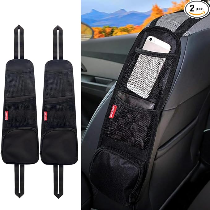 Car Seat Side Organizer, Auto Seat Storage Hanging Bag, Phones, Drink, Stuff Holder with Mesh Pocket for Cars, SUV & Tru
