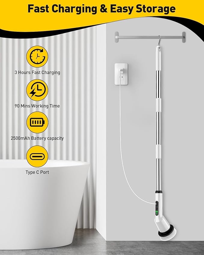Electric Spin Scrubber,Cordless Shower Cleaning Brush IPX7 Waterproof with 3 Replaceable Brush Heads, Adjustable Extension Handle and Power Dual Speed,Power Scrubber for Bathroom Tub Tile Floor Car 5