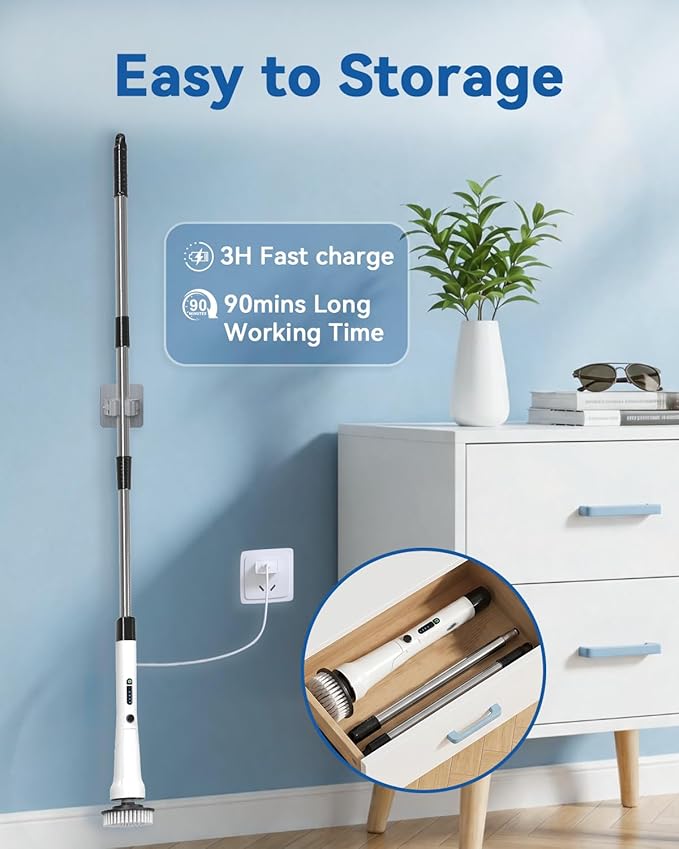 Electric Spin Scrubber, Hillyfe Bathroom Scrubber Electric with 7 Replaceable Brush Heads, IPX7 Waterproof,300/400 RPM, 3 Adjustable Length,Scrubber Brush Electric for Bathtub Floor,White