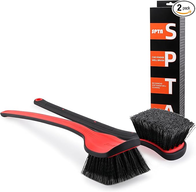 Fender Well Brush, 2Pcs Wheel Wells Cleaning Brush, Stiff Synthetic Bristles,Ergonomic Design Handle, Scrub Brush for Fl