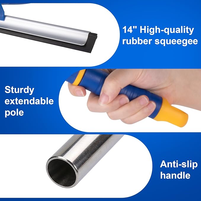 ITTAR 14-Inch Shower Squeegee for Glass Doors, Swivel Window Squeegee with Extension Pole, Adjustable Bathroom Squeegee for Shower Doors Mirror Windows Glass Car Windshield-1 Extra Rubber Blade