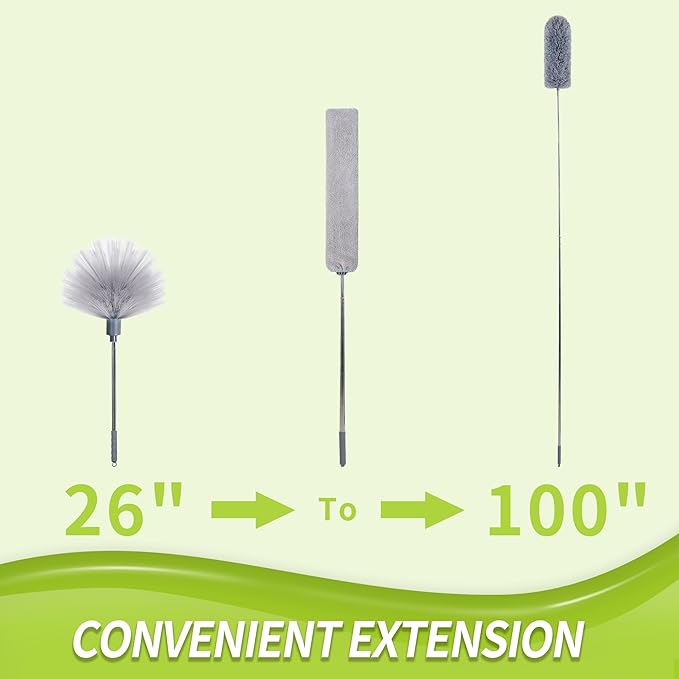 IVYROLL Duster with Extension Pole, Skinny Duster/Under Appliance Cleaning Tool & Spider Web Brush & Ceiling Cleaner, 100" Microfiber Feather Cleaner with Washable Head for Fan Furniture Wall