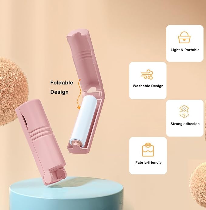 Mini Reusable Lint Roller for Travel, 6 Pack Washable Foldable Lint Remover with Sticky Gel, Portable, Compact and Easy to Clean for Clothes and Luggage Use (Pink)