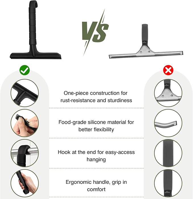 Roylvan Silicone Shower Squeegee, All-in-One Shower Squeegee for Glass Doors with Built-in Hook, Household Window Mirror Cleaner for Bathroom Glass Kitchen Tile Wall Car, Black