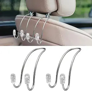 2PCS Car Headrest Hook Hangers, Bling Stainless Steel Car Backseat Holder, Strong Car Headrest Storage Hooks, Universal