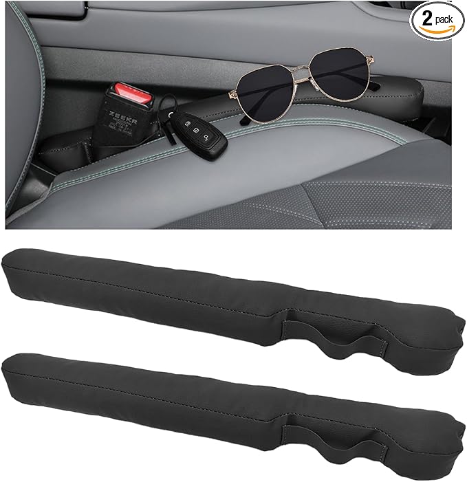 2PCS Leather Car Seat Gap Filler, No-Drop Seat Side Gap Plug Crevice Blocker with Securing Strap, Elastic Filler Block T