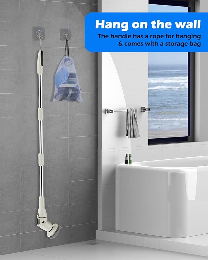 Electric Spin Scrubber Cordless Shower Cleaning Brush with 10 Replaceable Heads Powerful IPX7 Waterproof Bathroom Cleaner 3 Speeds Detachable Long Handle Voice Broadcast for Floor Car Kitchen