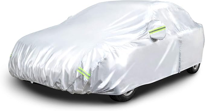 Amazon Basics Silver Weatherproof Car Cover, 150D Oxford, UV Protection, Snow Protection, Dustproof, Sedans up to 180",