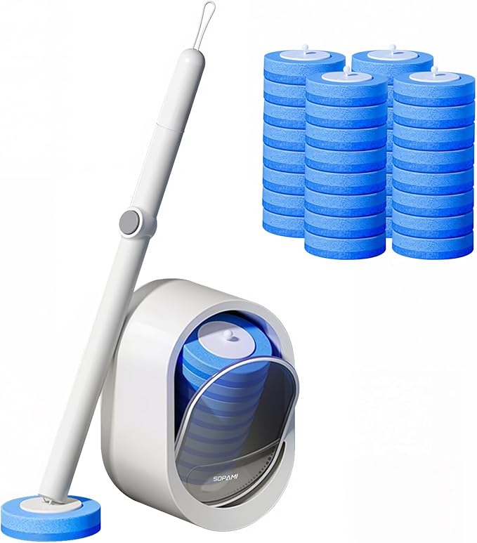 SOPAMI Disposable Toilet Cleaning System - Toilet Wand Kit with 32 High-Performance Refills, Wall Mounted Toilet Brush and Holder for Deep Cleaning Bathroom 32pcs