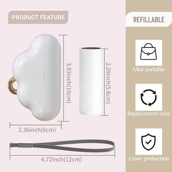 Portable Lint Roller 150 Sheets Travel Size, Mini Lint Roller for Clothes and Reusable Pet Hair Remover, Cute Small Sticky Dust Remover Refillable