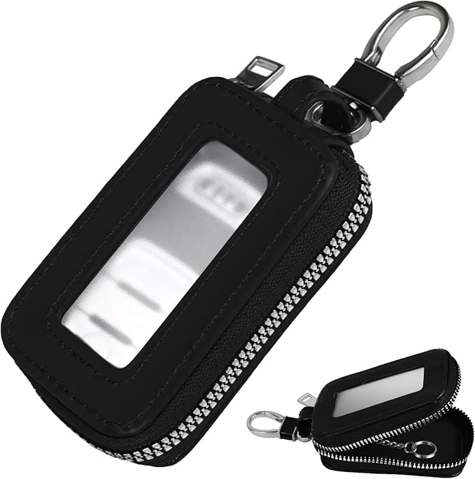 Car Key Case, Leather Zipper Car Key Fob Holder Bag, Vehicle Smart Keys Protector, Universal Keychain Accessories (Black