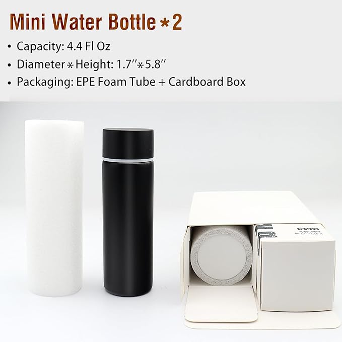 Cute Small Water Bottle, 4.4 Fl. Oz, Pack of 2, Mini Slim Flask for Kids, Portable Skinny Purse Water Bottle, Vacuum Insulated Reusable Leak Proof Stainless Steel Cup