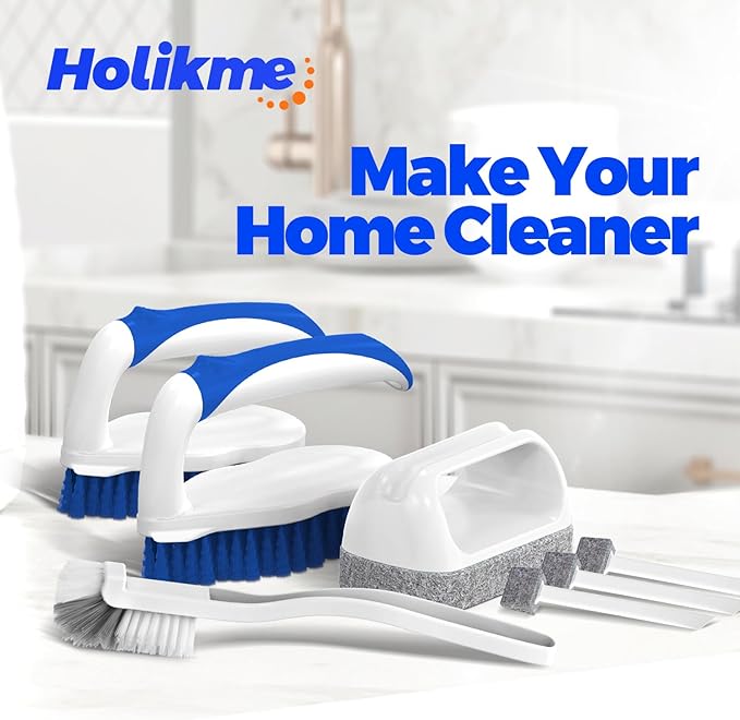 Holikme 7 Pack Deep Cleaning Brush Set, Scrub Brush, Grout Brush, Pool Brush, Scrub Pads with Scraper Tip Scouring Pads, for Pool Walls, Bathroom, Floor, Bike, Tub, Shower and Kitchen Surface (Blue)