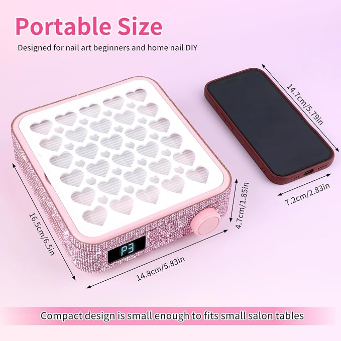 BQAN Nail Dust Collector Portable for Home & Salon - 4200RPM Vacuum with Reusable Filter, for Acrylic Drilling Dust Beginner Friendly Small Manicure Tool (Pink Rhinestones)