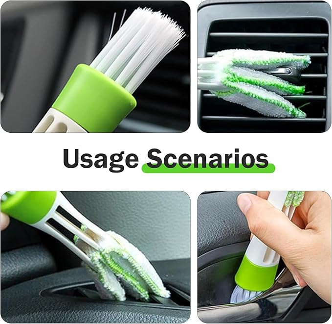 3 PCS Mini Car Air Vent Gap Duster Brush, Double Ended Soft Bristle Dashboard Window Blind Duster, Deep Cleaning Car Interior Dust Remover Tool for Most Cars SUVs Trucks (Green)