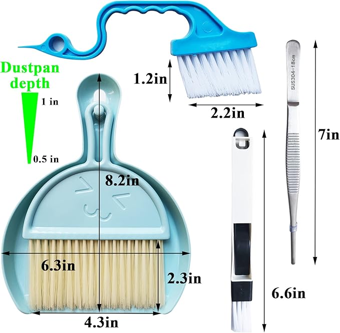 Broom and Dustpan Tweezers Tongs Cleaning Brushes Groove Gap Clean Tool Set 4 Pcs Kitchen Cleaning Brushes mini Kit Multipurpose Small Set for Home Door Window Track Tables Keyboards