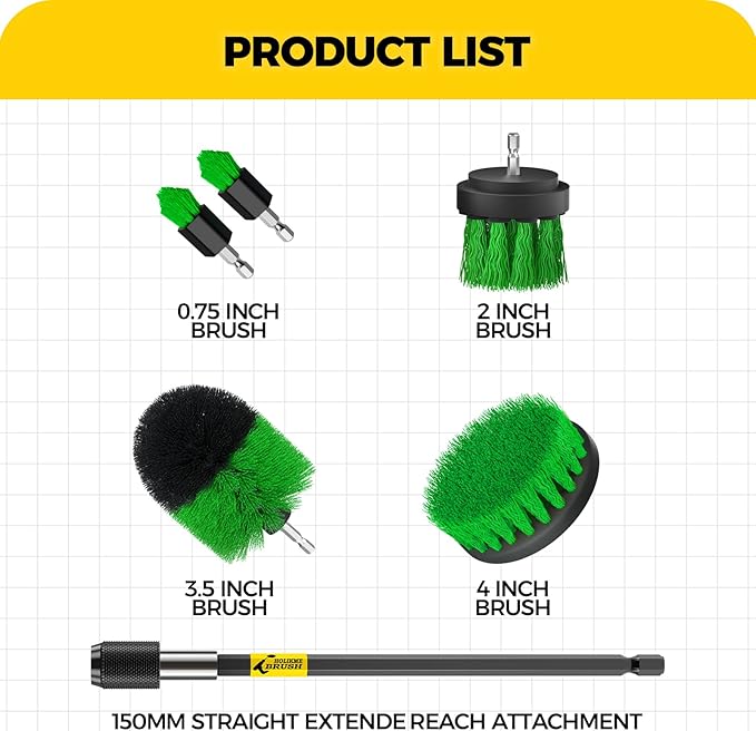 Holikme 6Pack Drill Brush Power Scrubber Cleaning Brush Extended Long Attachment Set All Purpose Drill Scrub Brushes Kit for Grout, Floor, Tub, Shower, Tile, Bathroom,Scrub Brush Green