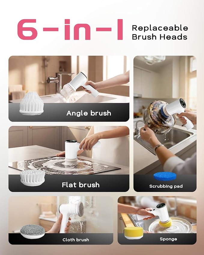 PUFTEM Electric Spin Scrubber for Bathroom Cleaning, Cordless Shower Scrubber with 6 Brush Heads, Dual-Direction Rotation, Handheld Cleaning Brush for Grout, Tile, Tub, Sink & Corners, White