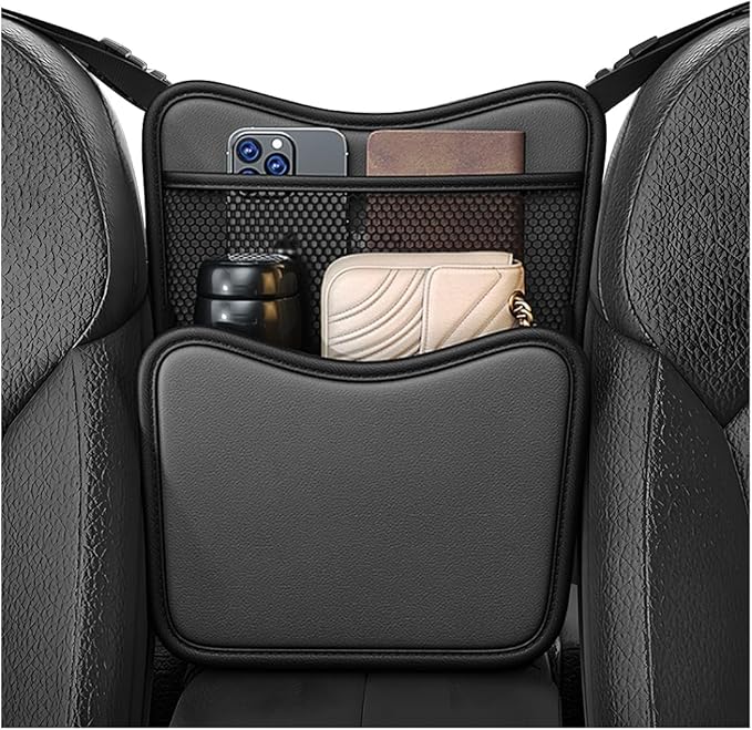 Car Organizer Storage Between Seats, Nappa Leather Front Seat Storage Bag with Tissue Holder, Automotive Console Hanging