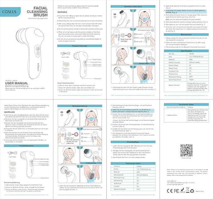 COSLUS FBX04 Powered Facial Cleansing Brush: Rechargeable Electric Face Cleanser for Sensitive & Acne-Prone Skin, 3 Brush Heads, 3 Speeds, 2-Direction Rotation, for Men Women IPX7, Deep Cleaning Blue
